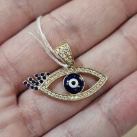  14K Yellow Gold CZ Blue Sapphire Enamel Evil Eye Pendant Charm 26x5mm 2.1 Grams