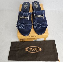 Tod's Blue Suede Shoes Double T Fringe High Sandals with Box Size 42