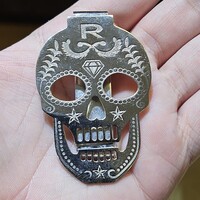 14K Solid White Gold Etched Skull Money Clip "R" 21.3 Grams 2.5x1.5 Inches