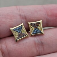  10K Yellow Gold Blue Yellow & Red Diamond Square Art Deco Earrings 10x10mm 