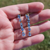 14K Yellow Gold Pear Shaped Blue Topaz Dangle Drop Earrings 2-3/8 Inches