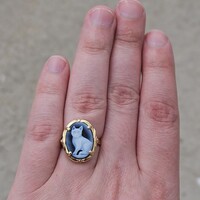 14K Yellow Gold Onyx Cat Cameo Profile Fashion Ring 5.9 Grams Size 6.25 