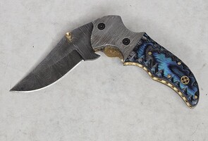 White Hills Knives Blue Handle 7" Textured Blade Folding Knife Pocket Knife