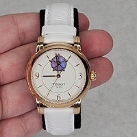 Tissot White Dial Lady Heart Purple Flower Automatic Gold Toned Watch Wristwatch