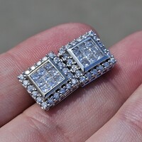 14K White Gold Invisible Set Princess Diamond Halo Framed Earrings 1.64TCW 11mm