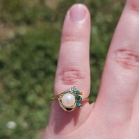 14K Yellow Gold Diamond Emerald & 6mm Pearl Small Cocktail Ring Size 5