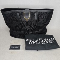 Gucci Brocade Soft Stirrup Black Suede Leather Purse Tote Handbag