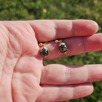 14K Yellow Gold Black Enamel Cloisonné Flower Floral Ball Drop Earrings