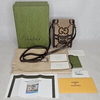 Gucci Horsebit 1955 Jumbo GG Canvas Calfskin Mini Bag Camel Ebony