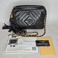Chanel Quilted Black Leather Crossbody Shoulder Bag with Strap Tassel COA