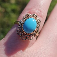 10K Yellow Gold Filigree Lace Flower Turquoise Stone Cocktail Ring Size 5.25