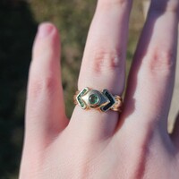 14K Yellow Gold Natural Emerald Evil Eye Art Deco Cocktail Ring Size 6.5