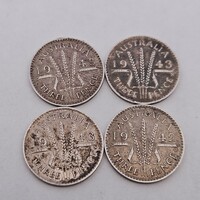 1942 1943(3) Set of 4 Australian Threepence 3 Pence Coins 