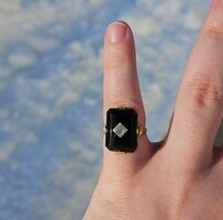  10K Yellow Gold Black Onyx Diamond Rectangular Statement Ring Size 4.25