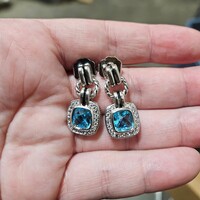 David Yurman 925 Sterling Silver Blue Topaz Clear Stone Dangle Earrings