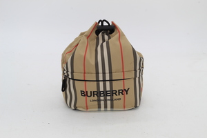 Burberry Icon Phoebe Heritage Stripe Drawstring Beige Plaid Pouch Bag