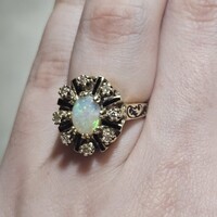  Vintage 14K Yellow Gold Diamond Opal Enamel Leaf Cluster Ring 6 Grams Size 6.5 