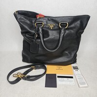 Prada Black Soft Calf Leather Tote Shopping Bag Purse with Shoulder Strap