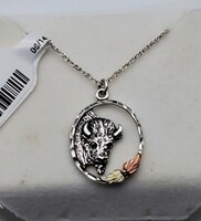  925 Sterling Silver Buffalo Pendant Charm Gold Leaves w/ Necklace 18 Inches