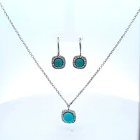 ELLE 925 Sterling Silver Turquoise Necklace Chain Earrings 2 Pc Set 16-18" Long