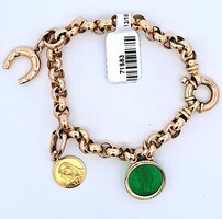 14K Yellow Gold Bracelet w Virgin Mary Green Angel Horseshoe Charms 7.25 Inches