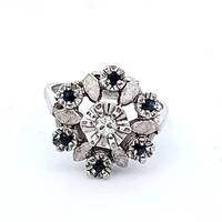 Vintage Ladies 14K White Gold Diamond Cluster Ring w/ Blue Stones ~ Flower