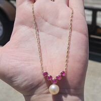 14K Yellow Gold Ruby & Natural Pearl Static Pendant Necklace 17 Inches 7.45 Gram