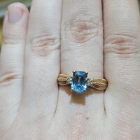 14K Rose Gold (8x5mm) Blue Topaz Diamond Beaded Fashion Ring 4 Grams Size 9.25 