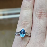 10K White Gold Pear Cut Blue Topaz & Diamond Cocktail Fashion Ring 2.1G Size 5.5