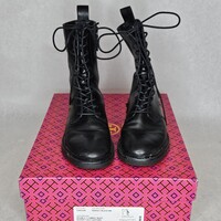  Tory Burch Perfect Black 006 Double T Combat Boots Glossy Leather Size 8.5