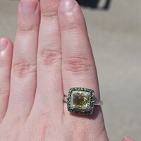 14K LeVian White Gold Yellow Quartz Diamond & Tsavorite Halo Ring Size 11