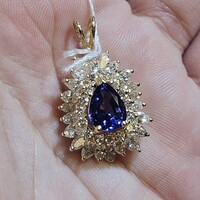 14K Yellow Gold 2.09Ct Tanzanite & Diamond Double Halo Pendant 1x.75 Inches 