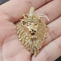 14K Yellow Gold CZ Cubic Zirconia & Ruby Lion Head Crown Pendant Charm 11.9 Gram