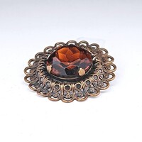 Boma Amber Rhinestone Filigree Stone Brooch Pin 