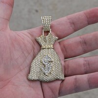 10KT Solid Yellow Gold 5.29TCW Pave Diamond Money Bag $ Pendant 40.3 Grams