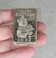  Madison Mint Happy Birthday Bear 1987 .999 Fine Silver One Troy Ounce Bar