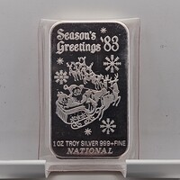 National Seasons Greeting 1983 '83 Santa's Sleigh 1 Troy Ounce Silver Bar 999 