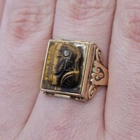 10K Yellow Gold Tiger's Eye Centurian Profile Gothic Cameo Scroll Ring Size 9 