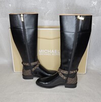 Michael Kors Black & Brown Monogram Faux Leather Kincaid Riding Boot Size 8 